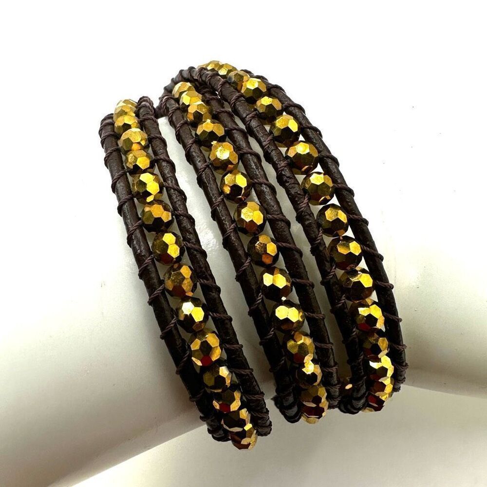 Gold tone beaded and brown wrap around bracelet